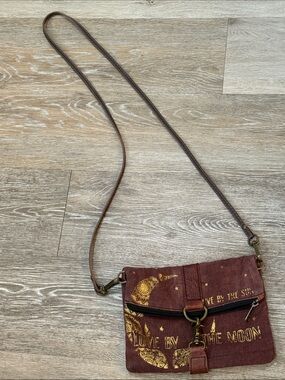 Mona B Live By The Sun Love By The Moon Canvas Leather Crossbody Bag Gold Foil